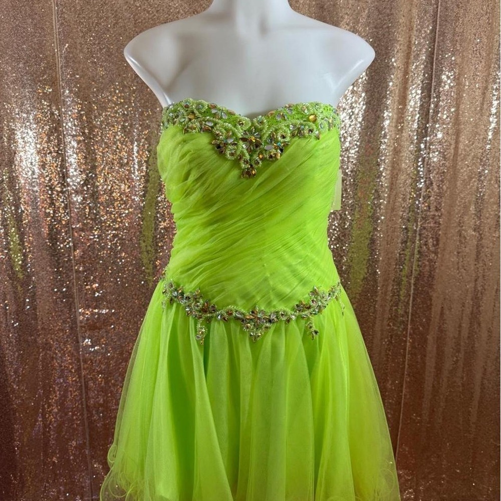 Neon Green Strapless Beaded Tulle Formal Dress with Scarf Glam Party Gown